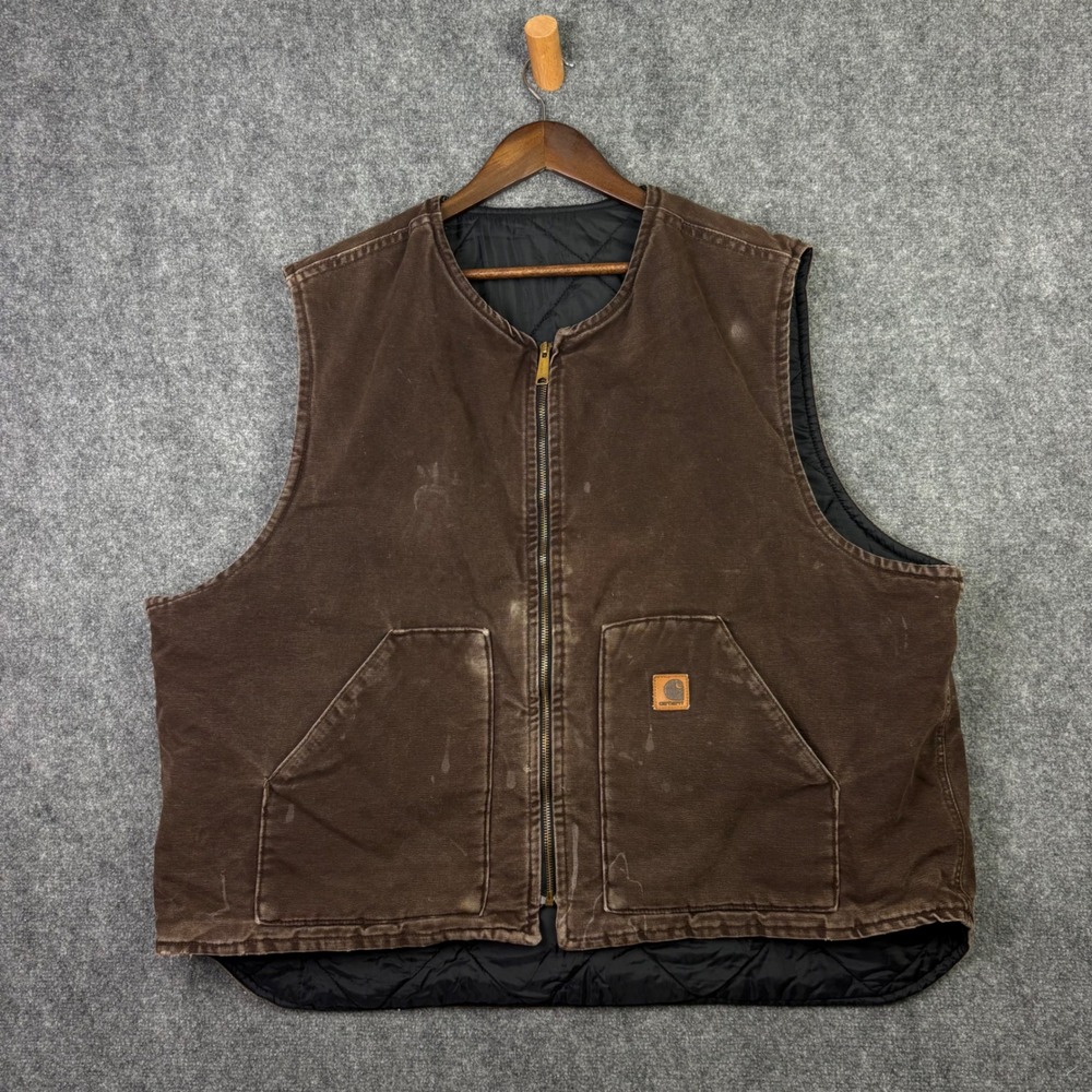 Carhartt Duck Vest Mens 3XL Brown Quilt Lined Canvas Workwear Distressed V02 BRN